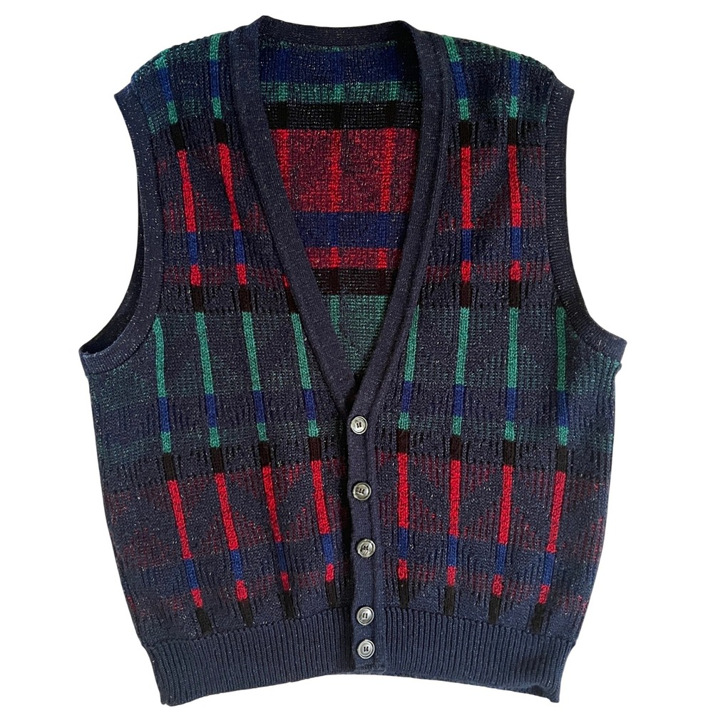 Vtg Plaid Knit‎ Sweater Vest Eclectic Grandpa Preppy 90s Made in USA V-Neck - Picture 3 of 10
